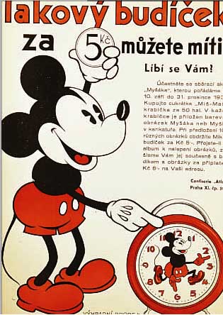 HäNGEPLAKAT, TSCHECHOSLOWAKEI/PRAG 1936, GEWINNSPIEL UM EINEN MICKEY-MOUSE-WECKER, MICKEY MIT DüNNEN ÄRMCHEN, AUGEN MIT SEGMENT- ...