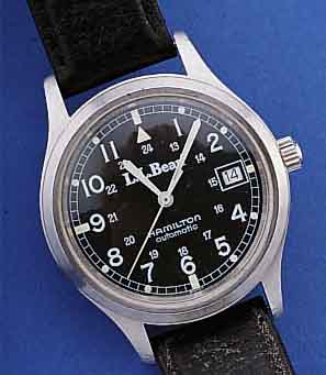 HAMILTON/LL BEAN FLIEGERARMBANDUHR AUTOMATIK, REF.-NR. 9/21, UM 1988, EDELST., BODEN GE- SCHR., KONTRASTZIFFERBL., 17 ST., ZENTRALROTORKUGELGEL., ...