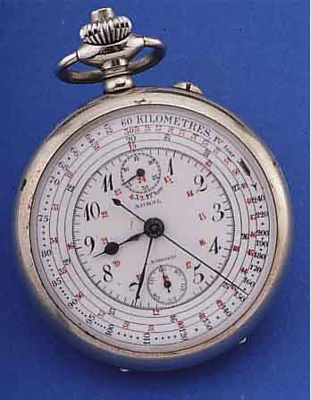 J.AURICOSTE/AURAL TASCHENCHRONOGRAPH, SCHWEIZ UM 1930, NICKEL, EMAILBL. REP. IM ZEN-TRUM, 30-MIN.-STOPPZäHLER, INNEN ROT 13-24, WERK VERG., ...