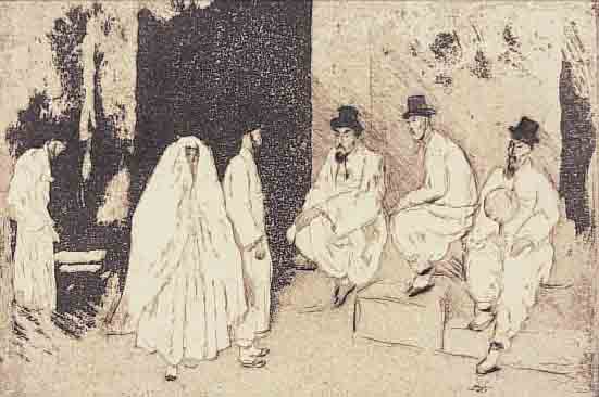ORLIK, EMIL, UM 1915, STRAßENSZENE MIT JAPANERN, ARABERIN UND JUDE, AQUATINTARADIERUNG,RE. U. HANDSIGN., CA. 11 X 15 ...