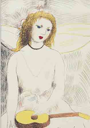 LAURENCIN, MARIE, 1885 PARIS-1956, JUNGE FRAU MIT GITARRE, AQUARELLIERTE KALTNADELRADIERUNG VON 1946, DRUCKSIGNATUR, CA. 19,7 X ...