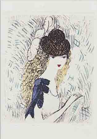 LAURENCIN, MARIE, 1885 PARIS-1956, LE CHAPEAU SUR LES YEUX, AQUARELLIERTE RADIERUNG VON 1923, CA. 8,5 X 6,9 CM, PP