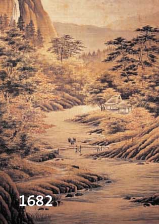 SEIDESEIDENMALEREI, CHINA, UM 1900, DARSTELLUNG EINES FLUSSTALS MIT PAGODEN UND PERSONENSTAFFAGE, IM HINTERGRUND DER FUJI, QUALITÄTVOLLE ...