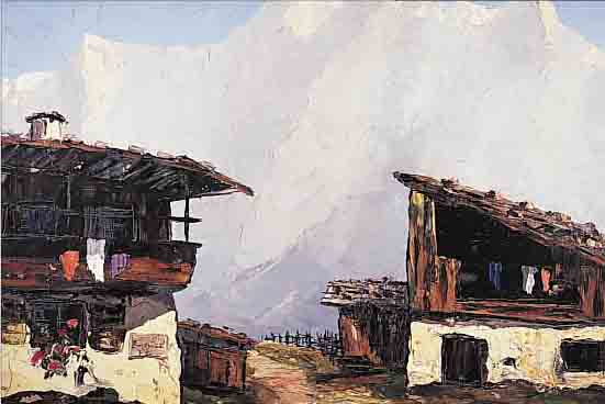 WEISS, FRANZ, * UM 1920 IN INNSBRUCK, GRAUBüNDNER BAUERNHäUSER, ÖL/LWD., RE. U. SIGN., 62 X 80 CM, R.
