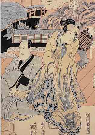 JAP. HOLZSCHNITT VON TOYOKUNI, UM 1830/35, HöFISCHE SZENEN IM GARTEN, CA. 37 X 24 CM, PP, U.GL., R.