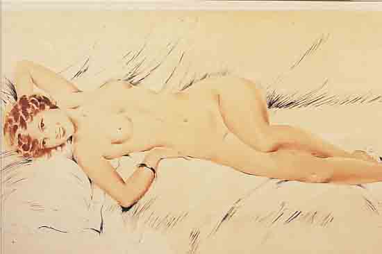 MEINIER, SUSANNE, UM 1930, LIEGENDER WEIB- LICHER AKT, FARBLITHOGRAPHIE, RE. U. SIGN., CA. 29.5 X 64 CM, PP, R.