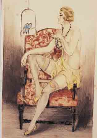 UNBEKANNTER KüNSTLER, UM 1925, DAME MIT VöGELN, KOLORIERTE KALTNADELRADIERUNGRE. U. UNLESERLICH SIGN., CA. 22 X 14 CM, PP U.GL., R.