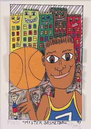RIZZI, JAMES, MISTER BASKETBALL, DREIDIMEN- SIONALE FARBLITHOGRAPHIE VON 1997, HANDSIGN. UND NUM. A/P XVI/L, CA. 10 X 6,5 CM, PP, U.GL.R.