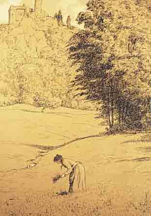 THOMA, HANS, 1839-1924, FRAU BEIM BLUMEN- PFLüCKEN, LITHOGRAPHIE VON 1900, IM DRUCK SIGN., CA. 47 X 38 CM, PP