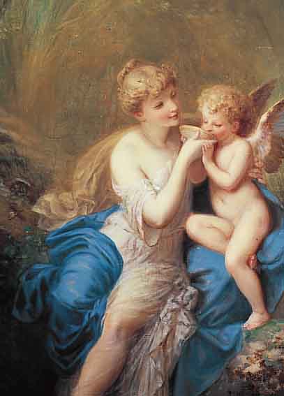 PICON, HENRI PIERRE, NANTES 1824-1895, NYMPHE UND AMOR, ÖL/LWD, FEINE NUANCIERTE MALEREI, QUALITäTVOLL EINGEFANGENE TRäUME- RISCHE ...