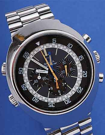 OMEGA ARMBANDCHRONOGRAPH FLIGHTMASTER, REF.-NR. 145026, SCHWEIZ UM 1974, EDELST. MASSIV, BODEN GESCHR., EDELST.-BAND, MINERALFLACH- GL., ...