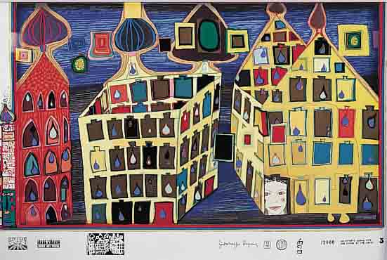 HUNDERTWASSER, FRIEDENSREICH, 1928-2000, MIT DER LIEBE WARTEN WENN DIE LIEBE WOANDERS IST, AUS DER REGENTAG-MAPPE, NUM. 01077/3000, CA. 47,5 X ...