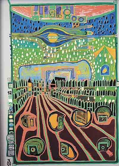 HUNDERTWASSER, FRIEDENSREICH, 1928-2000, STRAßE DER ÜBERLEBENDEN, AUS DER REGENTAG- MAPPE, NUM. 1077/3000, CA. 47,5 X 65,5 CM, U.GL., ...