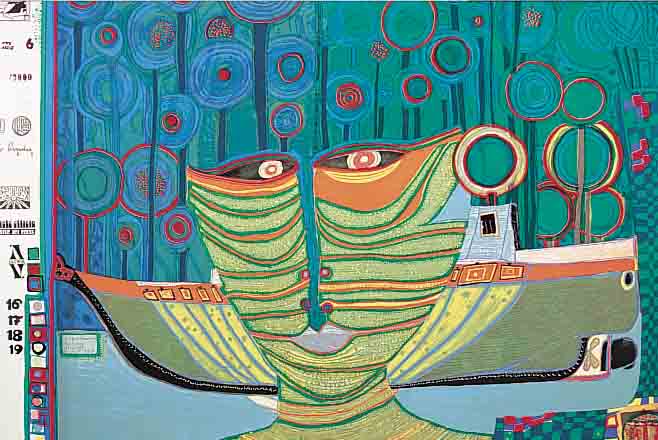 HUNDERTWASSER, FRIEDENSREICH, 1928-2000, KOLUMBUS REGENTAG, AUS DER REGENTAG-MAPPE, NUM. 2104/3000, CA. 47,5 X 65,5 CM, U.GL., ORIG. ...