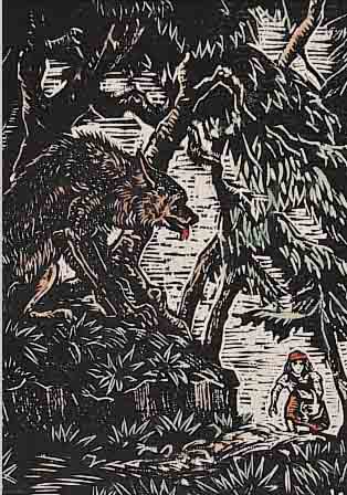 KLEMM, WALTER, SATZ VON FüNF HANDKOLORIERTENHOLZSCHNITTEN ZU ROTKäPPCHEN, REIHER VERLAG WEIMAR, JE CA. 15 X 12 CM, PP