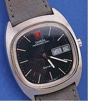OMEGA HERRENARMBANDUHR MEGAQUARTZ GENEVE, REF.-NR. 1960038, SCHWEIZ UM 1974, EDELST., BODEN GESCHR., KAL. 1330, HERAUSGEGEBEN 1973, LEDERB. M. ...