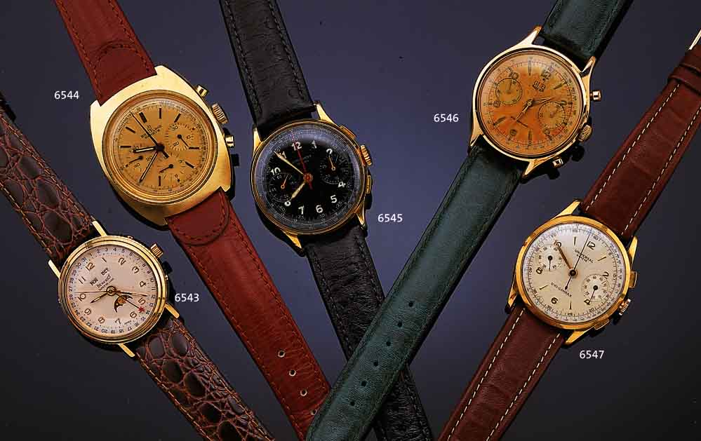 UNIVERSAL GENEVE ARMBANDCHRONOGRAPH UNICOMPAX, REF.-NR. 12445, SCHWEIZ UM 1944, GG 750/000BODEN U. GLASR. GEDR., ORIG.-BLATT ALTERSBED. FL., AUßER ...