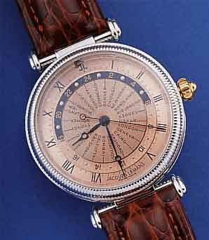 JAQUES LEMANS HERRENARMBANDUHR WORLDTIMER, REF.-NR. 605, SCHWEIZ UM 1996, METALL HART- WEIßVERG., BEIDS. MINERALVERGL., BEWEGL. BANDANST., ...