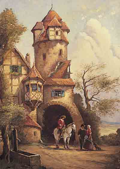 BECKER, OSKAR, *1896 ANGERMUND, DüSSELDORFERMALERSCHULE, BURGANSICHT MIT EDELLEUTEN, ÖL/LWD., SIGN., 40 X 30 CM, R.
