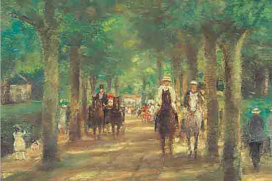 BECKER, OTTO, *1882 RüDESHEIM, DüSSELDORFER SCHULE, AUSRITT IM PARK, FEINE QUALTITäTSVOLLEMALEREI, ÖL/HOLZ, SIGN., 18 X 24 CM, R.