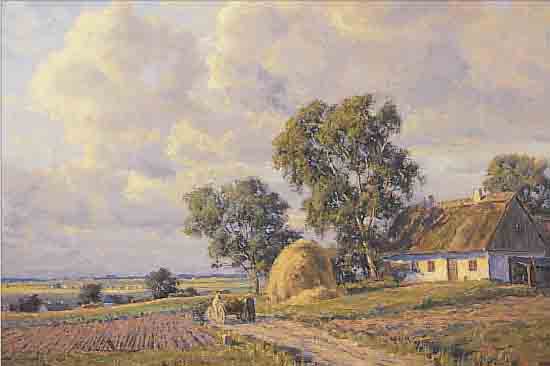 BROGE, ALFRED, *1870 KOPENHAGEN - 1955, DäNISCHER LANDSCHAFTSMALER, HIER: WEITE FELD- LANDSCHAFT MIT GEHöFT UND BAUERN UND ESELS- KARREN, ...