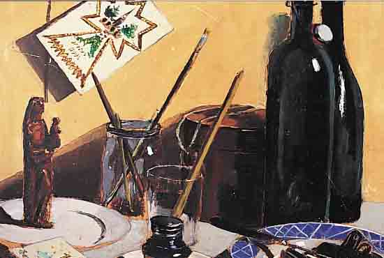 FONTANIER, ALAIN, FRANZöSISCHER KüNSTLER DES 19./20. JH., STILLEBEN IM ATELIER, ÖL/MALKARTON, SIGN., AUF GLüCKWUNSCHKARTE, DAT. ...