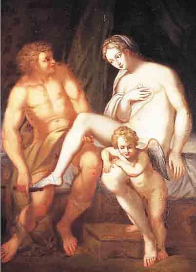 ITALIENISCHER KüNSTLER D. 19. JH., APHRODITE UND APOLLO, QUALITäTSVOLLE DAR- STELLUNG, ÖL/LWD. (DOUBL.), SORGF. RETUSCHEN, L. ...