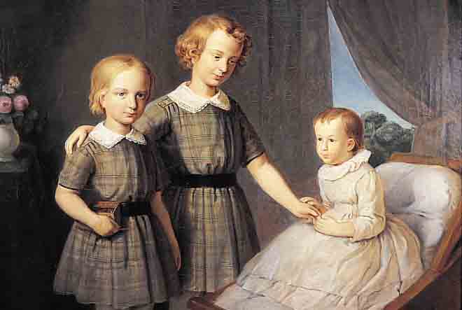 UNBEKANNTER MALER, DEUTSCH, DATIERT 1848, ZWEI KNABEN VOR DER WIEGE DES JüNGSTEN KINDES,ÖL/LWD., FEINE LASIERENDE MALEREI, ALTERS- BEDINGT ...