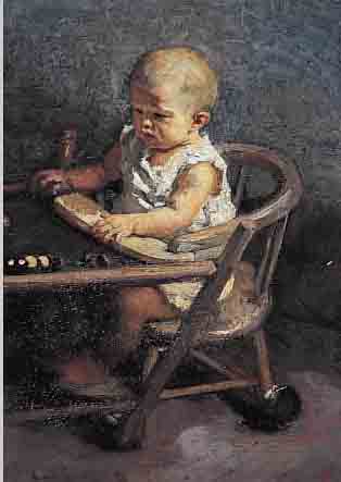 BRIET, ARTHUR HENRI CHRISTIAN, 1867 MADIOEN/JAVA- 1939 NUNSPEET, NIEDER- LäNDISCHER MALER, KLEINKIND IM KINDERSTUHL, ÖL/HOLZ, ...