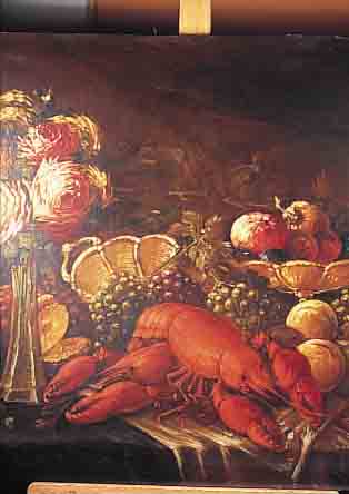 MONOGRAMMIST WK ANFANG 20. JH., GROSSES STILLEBEN MIT HUMMERN, FRüCHTEN UND BLUMEN, ÖL/LWD., MONOGR., DAT. 1918, 73 X 134 CM