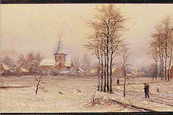 PREVENIER, C., LANDSCHAFTSMALER ANFANG 20. JH., WINTERLICHES DORF MIT BAUERNHäUSERN, KIRCHE UND JäGER AUF DEM WEG, ÖL/LWD., SIGN. U. DAT. ...