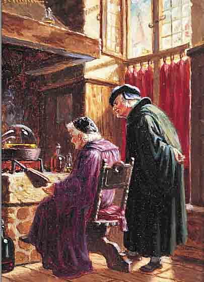 SCHMITT, OSCAR, MüNCHENER SCHULE UM 1900, BEIM APOTHEKER, INTERIEUR MIT ZWEI MäNNERN IN MITTELALTERLICHER TRACHT VOR EINER ESSE MIT ...