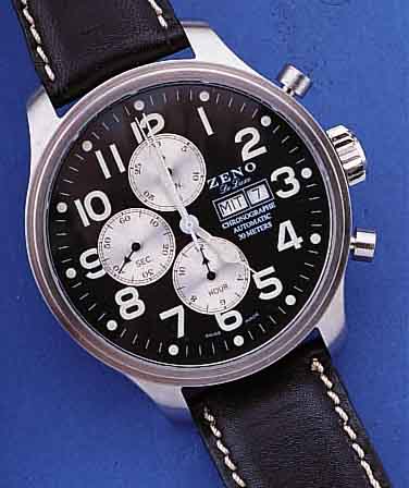 ZENO ARMBANDCHRONOGRAPH AUTOMATIK DELUXE, REF.-NR. 8557, SCHWEIZ 2000, LEDERB., ETUI, BED.-ANL., KONTRASTZIFFERBL., 30-MIN.- U. 12- ...