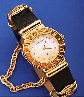 PHILIPPE CHARRIOL DAMENARMBANDUHR, SCHWEIZ UM 1996, DESIGNERMODELL, METALL HARTVERG., LEDERB. M. PATENT. SICHERHEITSSCHL., SICHER- ...