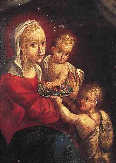 UNBEK. KüNSTLER DES 18. JH., MARIA MIT DEM JESUSKIND, DENEN EIN KNABE EINE SCHALE MIT TRAUBEN REICHT, ÖL/LWD./MALKARTON (BEST.), UNSIGN., ...