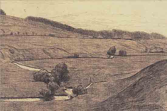THOMA, HANS, 1839 BERNAU-1924 KARLSRUHE, WEITE HüGELIGE LANDSCHAFT, RADIERUNG, RE. U. HANDSIGNIERT, CA. 16 X 24,5 CM, U.GL., R., GEBRäUNT