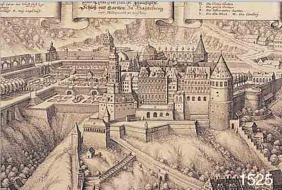 KONVOLUT VON 4 BLATT, MIT KUPFERSTICHEN V. M. MERIAN VON HEIDELBERG: 1.) KUPFERSTICH M. MERIAN, DAS CHURFüRSTLICHE PFäLZISCHE SCHLOß ...