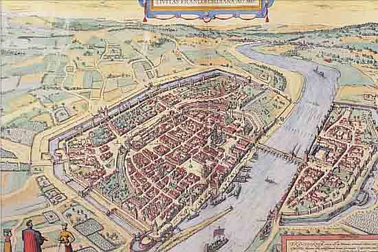 KOLOR. KUPFERSTICH, V. BR. U. HOGENBERG, CA. 1590, GA CIVITAS FRANCOFORDIANA AD MO AUS DER VOGELSCHAU, NUR IM ALTEN MITTELBUG EINE ...