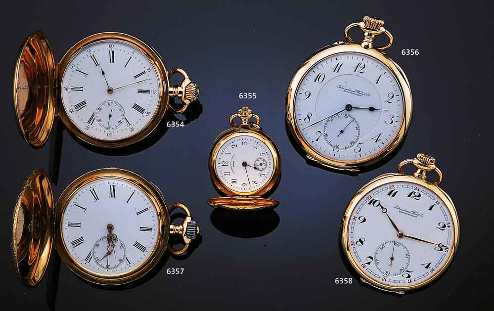 IWC HERRENTASCHENUHR LEPINE, SCHWEIZ UM 1925GG 585/000, BODEN IM STREIFENDEKOR, EMAILBL. SIGN., AUßEN ROT 13-24, HAARR. BEI 11, GOLD- CUV. M. ...