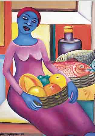 FRITZNER, ALPHONSE, ZEITGEN. HAITIANISCHER KüNSTLER, FRAU MIT FRüCHTEKORB UND FISCHEN, ÖL/LWD, LI. U. SIGN., CA. 61 X 50 CM