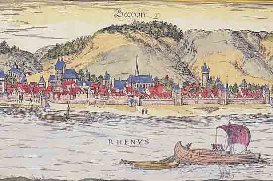 KONVOLUT VON 4 BLATT MIT ANSICHTEN VON BOPPARD, 1.) KOLOR. KUPFERSTICH V. BR. U. HOGENBERG, GA BOPPARD, SEHR GUT ERHALTENES BLATT, 14 X ...