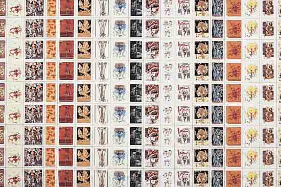 JANSSEN, HORST, 1929-1995 HAMBURG, DER FOLIANT, BRIEFMARKENBLOCK VON 162 MARKEN, FARBSERIGRAPHIE, STEMPELSIGNATUR, CA.40 X 57 CM