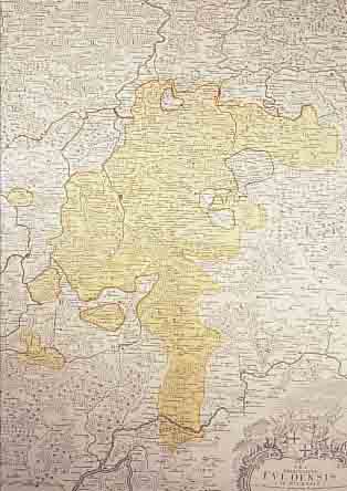 ALTKOLOR. KUPFERSTICHK. V. HOMANN, CA. 1716, S. R. I. PRINCIPATUS FULDENSIS IN. BUCHONIA, ZEIGT BISTUM FULDA, UNTEN RE. GR. PRACHTVOLLE ...