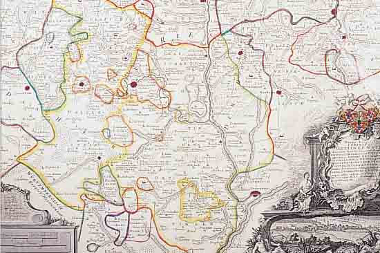 ALTKOLOR. KUPFERSTICHK., V. HOMANN, CA. 1744, MAPPA GEOGRAPHICA COMITATUS OETTINGENSIS, MIT PRIVILEG, UNTEN RE. GROß- ARTIGE ...