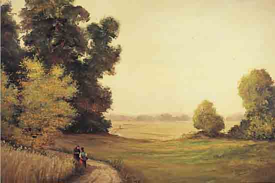 BISCHOFF, OTTO, DEUTSCHER MALER, 1. HäLFTE 20. JH., SPAZIERGäNGER AM WALD- RAND IN WEITER LANDSCHAFT, ÖL/LWD, REST., RE. U. ...