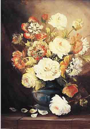 UNBEKANNTER MALER, UM 1900, BLUMENSTILLEBEN,NACH ALTEM VORBILD, ÖL/LWD, RE. U. UNLESERLICHSIGN., CA. 55 X 46 CM, R.