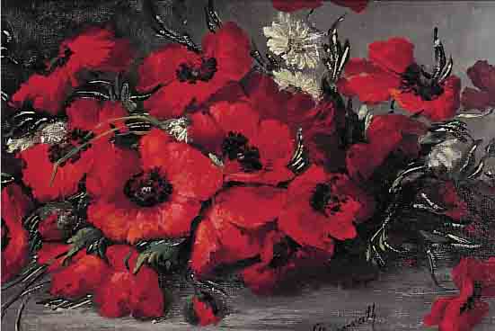 HOPPENRATH, CLARA, BERLINER MALERIN, STILLEBEN MIT MOHNBLUMEN, ÖL/LWD, RE. U. SIGN., CA. 31 X 53 CM, R.