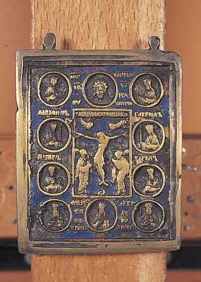 MITTELTEIL EINER REISEIKONE, RUSSLAND, UM 1870, DARST. DER NATIONALHEILIGEN, IN DER MITTE JESUSDAST., CA. 7,5X6 CM