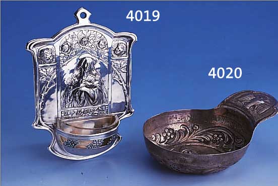WEIHWASSERBEHäLTER, DEUTSCH UM 1900, JUGEND- STIL, 800ER SILBER, MEISTERMARKE MARTIN MEYSER MAINZ, JUGENDSTILMADONNA MIT WALLENDEM HAAR, ...