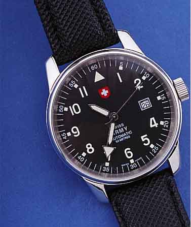 MILITäRARMBANDUHR AUTOMATIK, REF.-NR. 654, SCHWEIZ UM 1998, EDELST. POL., BODEN U. KRONE GESCHR., BEI FERTIGST. WASSERD. BIS 50 ...